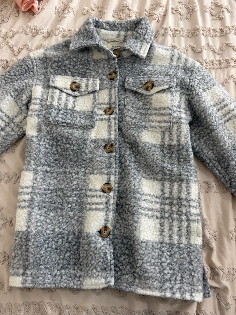 iris Gray & Cream Plaid Teddy Sherpa Shacket